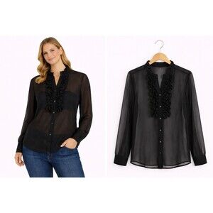 New Chicos Sheer Ruffle Blouse Top Size Medium Black Long Sleeve